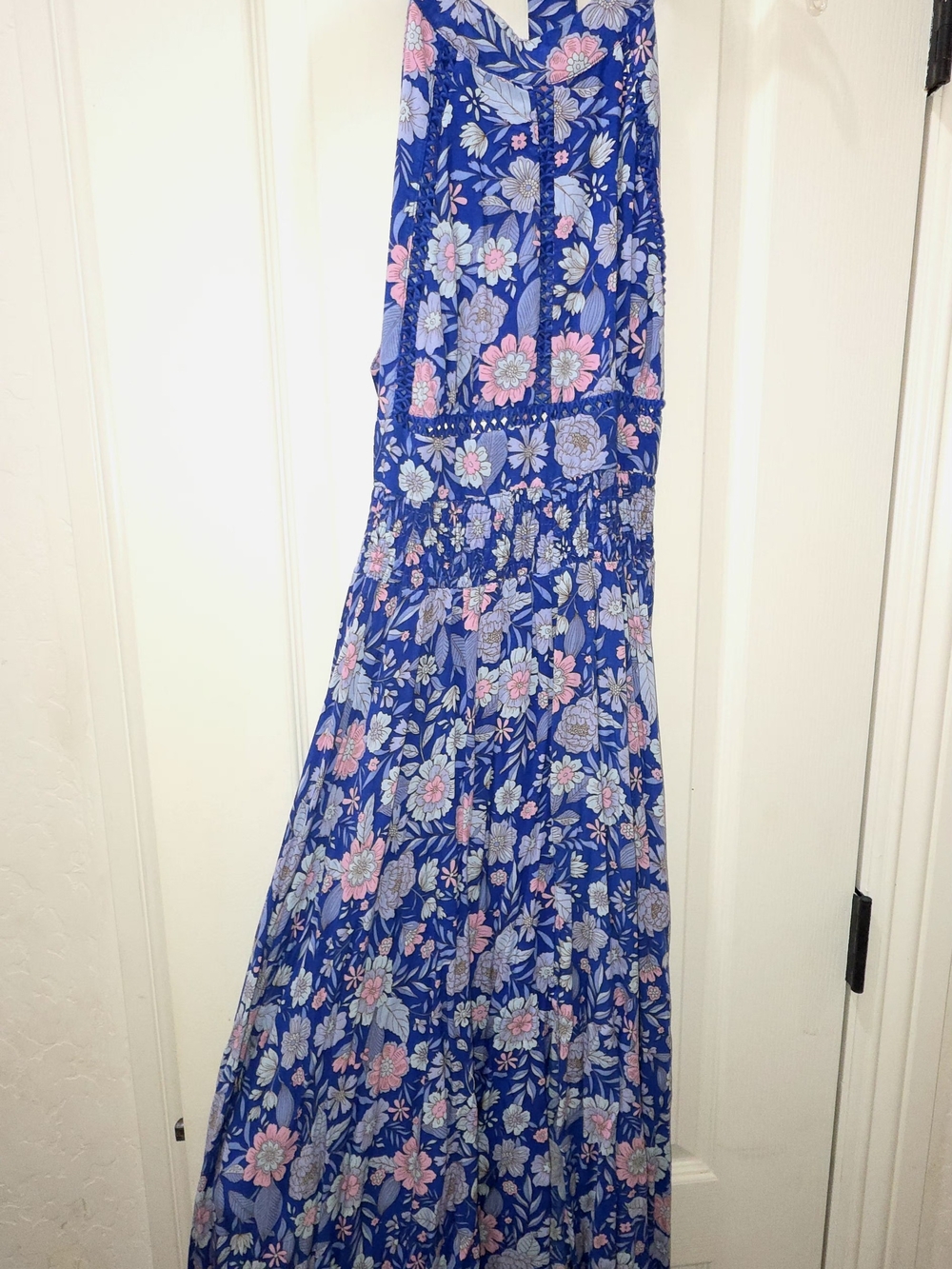Blue Floral Maxi Dress with Pink Accents